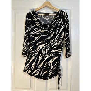 Dana Buchman Womens Popover 3/4 Sleeve Ruching Medium Black‎ White Animal
